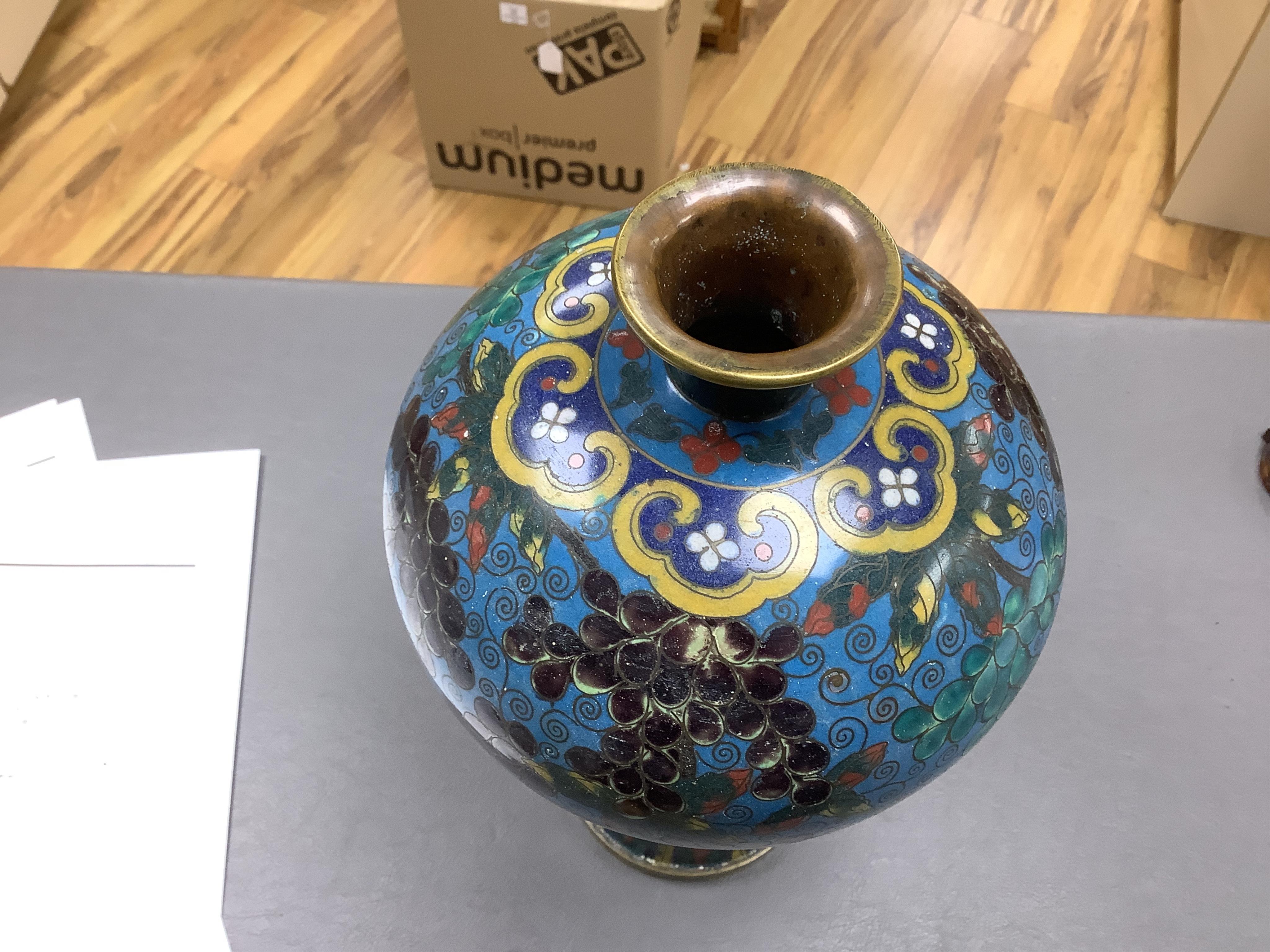 A late 19th / early 20th century Chinese cloisonné enamel 'Squirrel and vine' meiping, 27cm